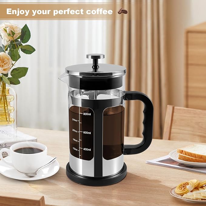 French Press Coffee Tea Maker, Upgrade Heat Cold Resistant Thickened Glass with 4 Level Stainless Steel Filtration System Brew Coffee & Tea, BPA Free, Large 1000ml 34oz (Silver)