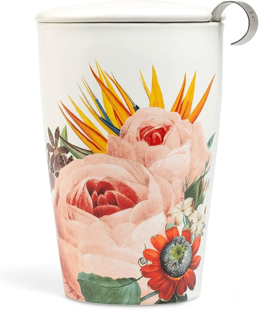 Tea Forte Double-Walled Ceramic Kati Cup, Removable Stainless Steel Infuser Basket and Lid, Steeps 12 oz Loose Leaf Tea, Dishwasher & Microwave Safe, Jubilee