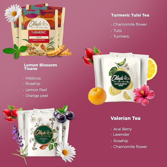 Olinda Healing Flowers & Roots Gift Box Natural Caffeine Free Tea Herbal Tea Bags Healthy Beauty Tea Wellness Stress Relief Tea Sampler Gift Set Premium 9 Vareity Individually Wrapped 45 Tea Bags 1 Tea Gift Box for Women