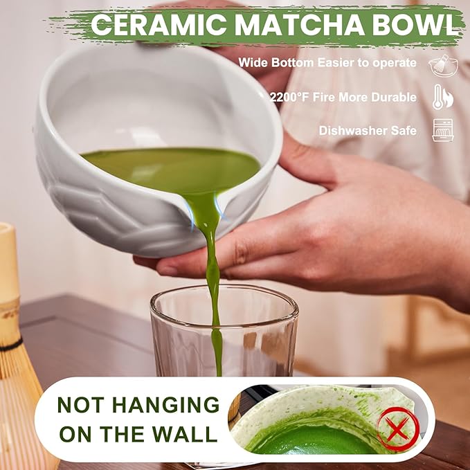 Matcha Whisk Set, Lotus White Ceramic Matcha Set Includes Matcha Bowl, Matcha Whisk (Chasen) and Holder, Sifter, Bamboo Scoop & Spoon - 6 Pcs Matcha Kit for Matcha Lovers