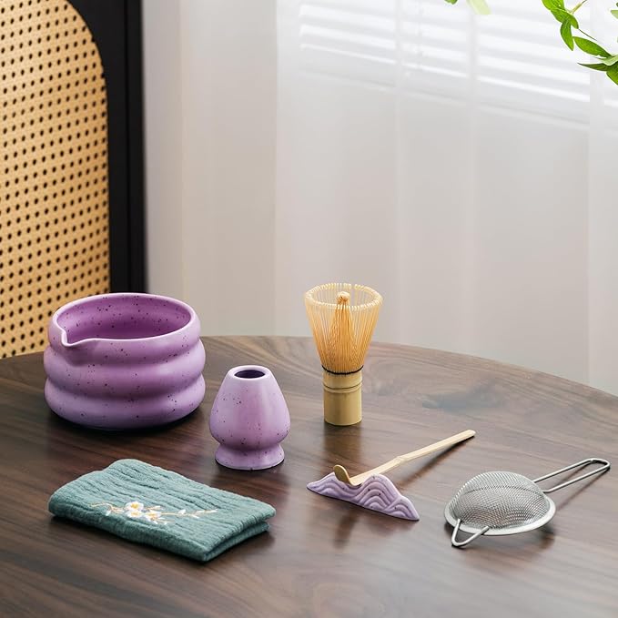 7Pcs Japanese Matcha Tea Set, Matcha Kit with Matcha Bowl (with Pouring Spout), Matcha Whisk, Whisk Holder, Strainer - Elegant Matcha Set for Gifting and Personal Use, Gift Box Packaging (Purple;)