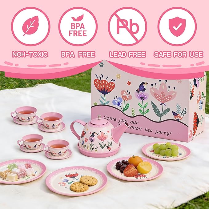Floral Tea Party Set for Little Girls Ages 3-6, 15-Piece Pretend Play Kitchen Toys with Teapot, Cups, Plates & Storage Case, Princess Gift Set (Pink)