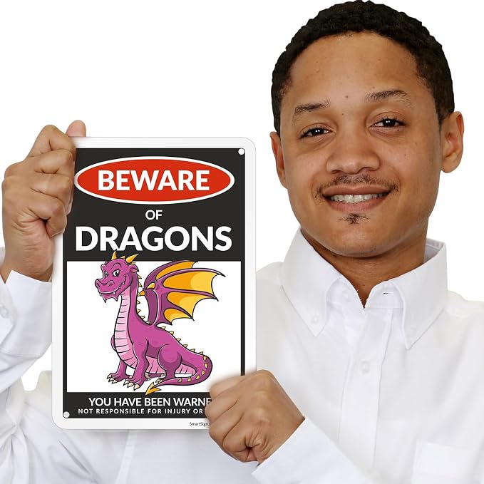 SmartSign Funny Beware Of Dragons Warning Sign - 10"x7", 40 mil Laminated Rust-free Aluminum - Metal Signs for Wall Decor, Outdoor, Patio, Gifts, Cafe - Dragon Theme, Made in USA - Image 2