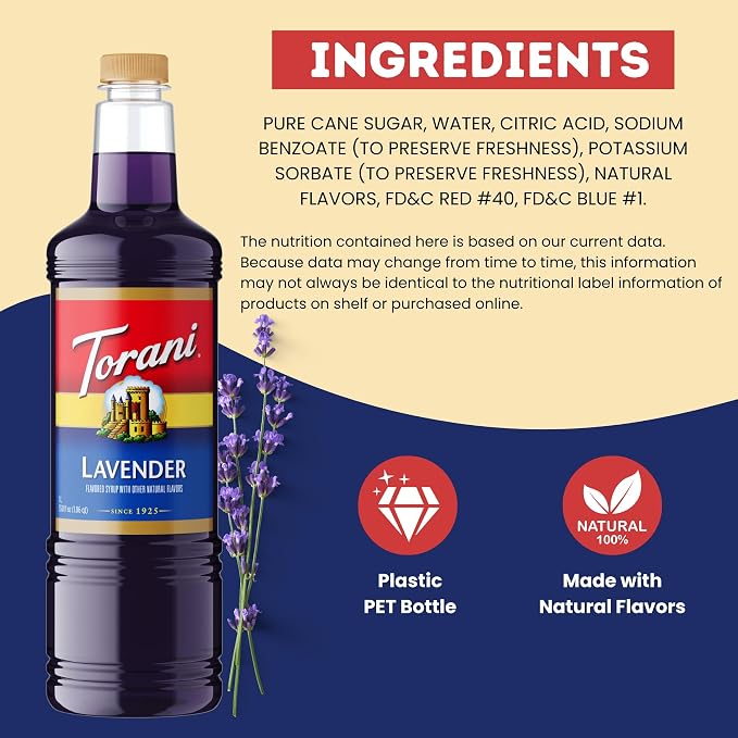 Torani Lavender Syrup 1 Liter Bottle with Pump – Premium Floral Flavoring with Pure Cane Sugar & Natural Ingredients for Coffee, Lattes, Cocktails, Lemonade, Desserts & More - Image 5