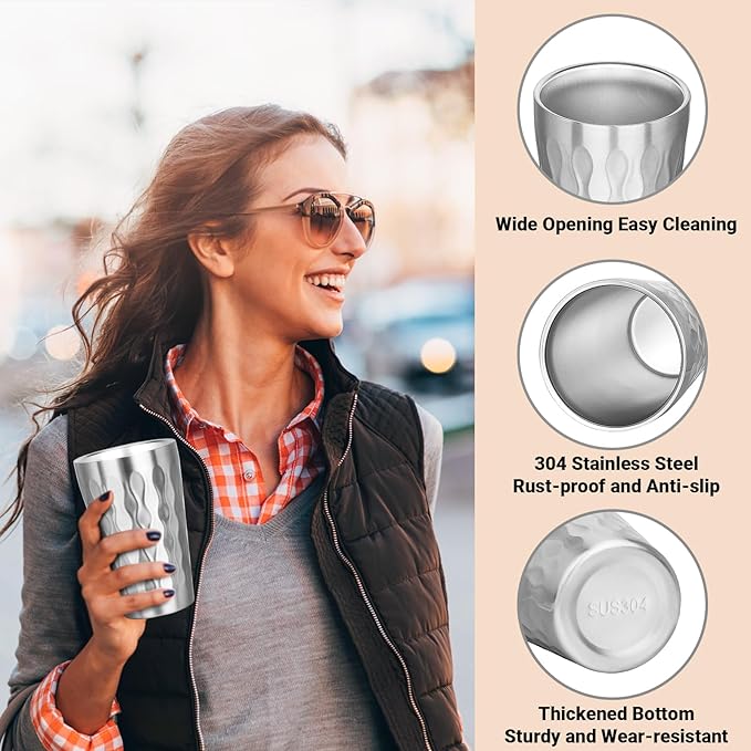 Stainless Steel Double Wall Cups, 16 oz Insulated Tumbler, 4 Pack Unbreakable Stackable Water Tumblers Insulated Metal Cup Premium Drinking Glasses for Travel Camping Home Outdoor