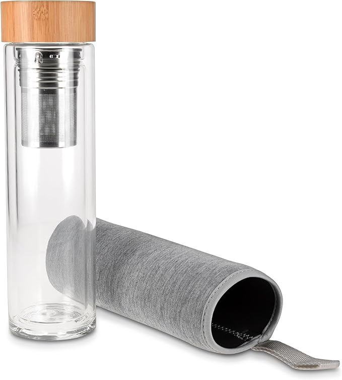 Navaris Glass Water Bottle with Tea Infuser - Double Walled Borosilicate Glass Travel Tumbler with Bamboo Lid and Non Slip Gray Neoprene Sleeve - 17oz