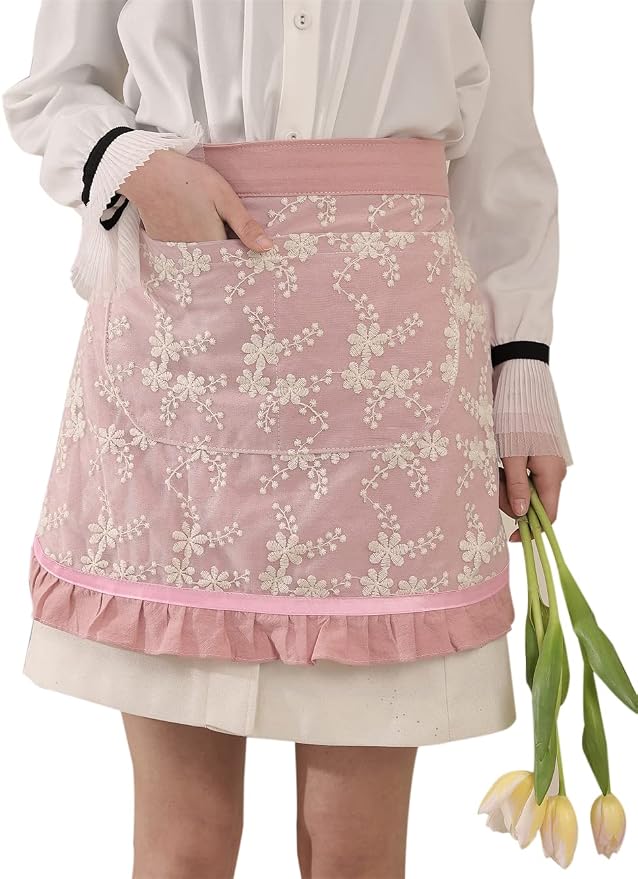 Unisex Chef Aprons White Retro Cotton Maid Short 2 Pockets Waist Waiter Waitress Half Apron by Caatoor