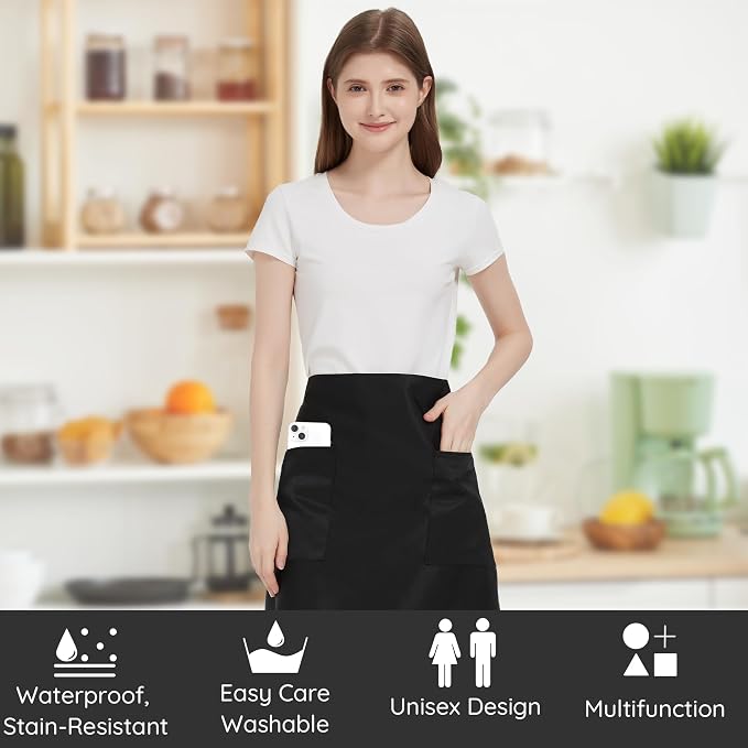 3 Pack Waist Apron with 3 Pockets, Unisex Black Waiter Aprons, Water Resistant Server Aprons for Restaurant Chef Bar - Image 2