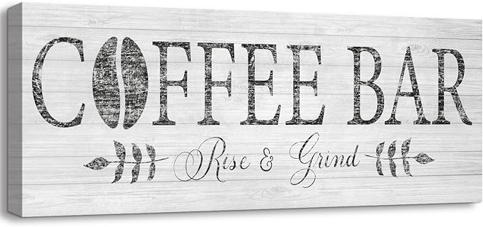 Rise & Grind Coffee Sign Decor Inspirational Canvas Prints Art for Kitchen Farmhouse Shelf Counter Bar Station Decoration 6x17inch