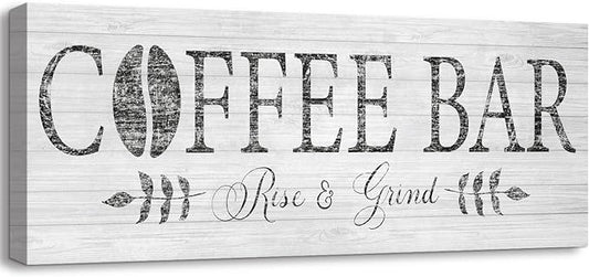Rise & Grind Coffee Sign Decor Inspirational Canvas Prints Art for Kitchen Farmhouse Shelf Counter Bar Station Decoration 6x17inch
