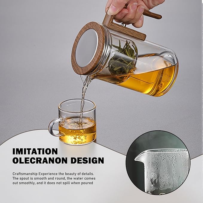 Enchanti Tea Pot with Infusers for Loose Tea, 800ml/27.1oz Magic Teapot Infuser Pot, Water Separation Glass Teapot with Wooden Handle