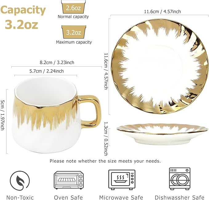 Coffee Cup Set of 6 with Saucers, 3.5 OZ Ceramic Espresso Cups Set, Gold Trim Turkish Coffee Cup Gift for Cappuccino, Latte, Cafe Mocha and Tea, Dishwasher & Microwave Safe(Gold Rim)