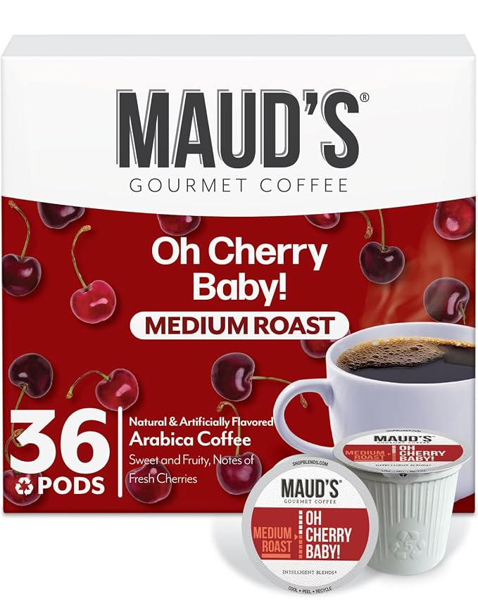 Maud's Cherry Flavored Coffee Pods, 36 ct, Medium Roast Flavored Coffee in Single Serve Pods – 100% Arabica Beans, Compatible with Keurig K Cups Maker by MAUDSCOFFEETEA