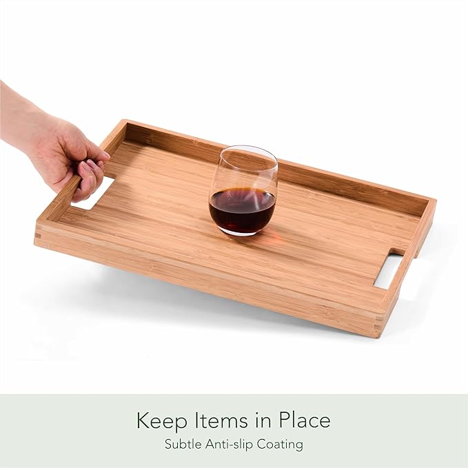 DETOR Serving Tray 17" x 13", Innovative Anti-Slip Coating, Light Walnut Bamboo Finish, Solid Bamboo Board, Decorative & Ottoman Tray for Food, Drinks, and Home Décor