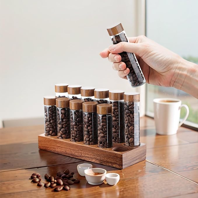 Coffee Bean Storage,Coffee Storage Container with Walnut Solid Wood Base,Coffee Bean Container,12 Tubes Single Dose with Wooden Holder(Type 2)