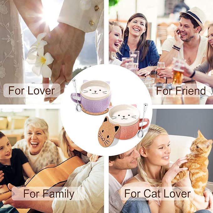 2PCS Cute Kawaii Cat Tea Cup Ceramic Coffee Mug with lid, Tea Cups and Saucers for Dessert, Cute Gifts for Cat Lovers, Anime Fans, Christmas for Women 10oz (Pink + Purple)