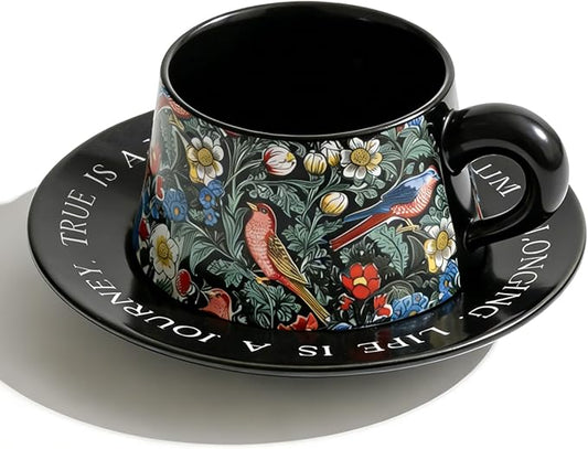 Ceramic Cup and Saucer Set, Luxurious Coffee/Tea Mug, Vintage Beautifully Printed Cups with Handle Practical Gifts for Women Housewarming/Birthday/New Year/Valentine's Day/Mother's Day, 8.8oz (Black)