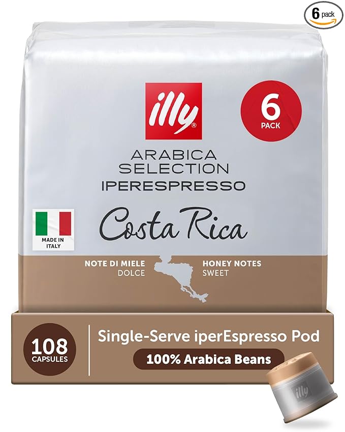 illy Coffee IperEspresso Capsules, Costa Rica Single Origin Medium Roast Coffee Pods, 100% Arabica, Premium Italian Blend, 18 Count, 6 Pack