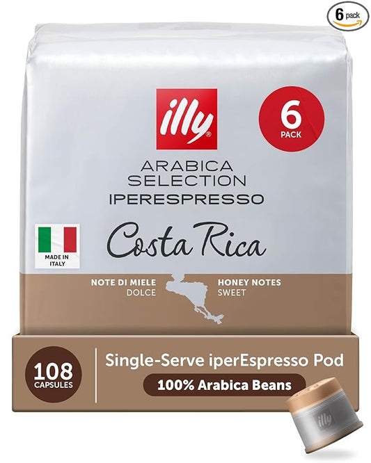 illy Coffee IperEspresso Capsules, Costa Rica Single Origin Medium Roast Coffee Pods, 100% Arabica, Premium Italian Blend, 18 Count, 6 Pack