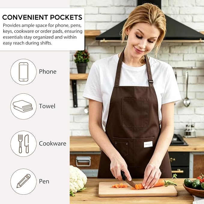 Kitchen Apron, Chef Aprons for Men Women with 5 Pockets, Adjustable Bib Barista BBQ Work Apron for Cooking - Image 2
