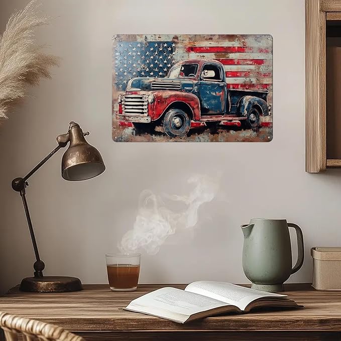 Vintage American Flag Sings Truck Metal Sign Print Aesthetic Room Decoration for Home Bedroom Kitchen Bar Dorm Bathroom Wall Decor 8 x 12 in - Image 2
