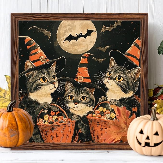 Vintage Halloween Decorative Sign Witch Cats Holding Baskets of Candy Art Wooden Sign, With Frame Festival Sign for Home Office, Cafe, Bathroom Halloween Decor 7.87x7.87 Inch - Image 3