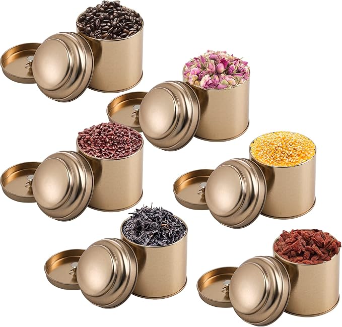 Lawei 9 Pack Tea Tins Canister with Airtight Double Lids, Mini Tea Storage Containers Round Tin Can Box for Storage Tea Coffee Sugar Loose Leaf, 8 Fluid Oz, Rose Gold