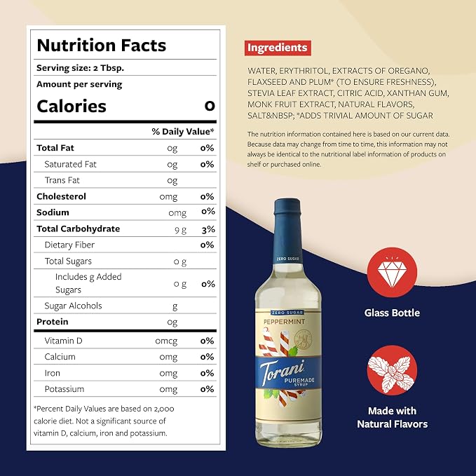 Torani Zero Sugar Puremade Syrup, Peppermint Flavoring for Drinks, Glass Bottle with Pump Included, 25.4 Fl Oz - Image 2