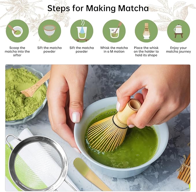 Matcha Whisk Set Green 5PCS Matcha Whisk and bowl(Chawan) With Matcha Spoon and sifter Matcha Kit for Ceremony Matcha Tea Set Gift for Matcha Lovers