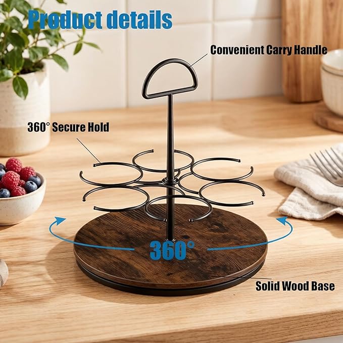 Rotating Coffee Syrup Organizer - Wooden Turntable Rack Holds 6 Bottles, Countertop Bar Station Display Stand for Coffee Syrups, Wine, and Large Bottles