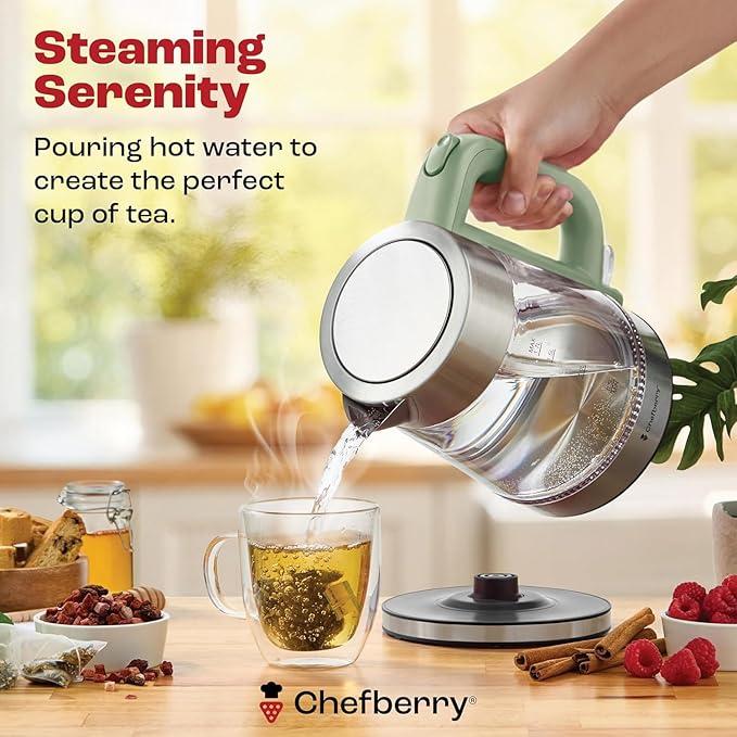 Electric Kettle for Boiling Hot Tea & Water | 1.7L Stainless Steel Borosilicate Glass Boiler With No Plastic, Automatic Shutoff, BPA Free, Fast Heating Technology (Green)
