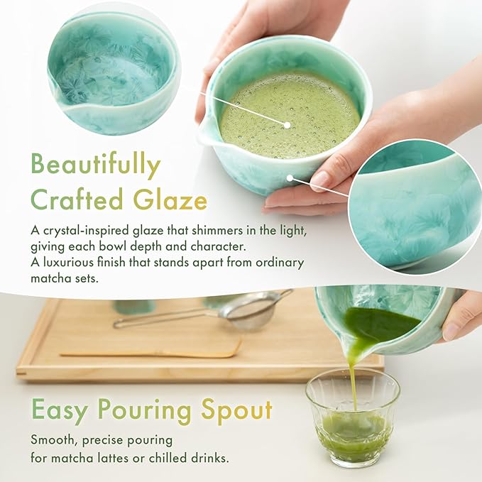 HIBINO Matcha Set | Japanese Matcha Tea Set with Crystal-Glazed Ceramic Spout Bowl | Bamboo Whisk & Holder, Scoop and Stainless Sifter | 5-Piece Matcha Kit |「Crystal Shell Green」