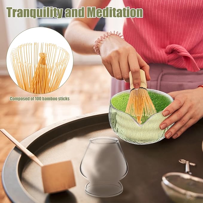 Matcha Whisk Set, 5 Pcs Matcha Set Whisk and Bowl with Spout, Matcha Whisk Holder, Matcha Spoon, Stainless Sifter, Perfect Matcha Kit for Matcha Lover (Glass Transparent)