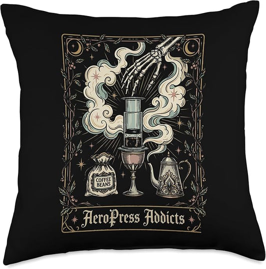 Gothic AeroPress Coffee Shirts Mystical Coffee Brewing Scene Throw Pillow