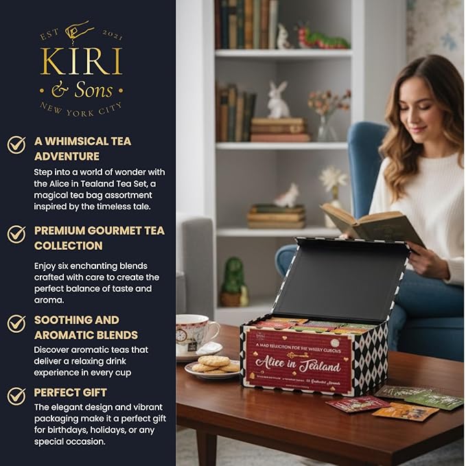 Alice’s Adventures in Wonderland Tea Gift Set – 90 Count Literary Tea Bags Variety Pack with Book Quotes and Illustrations | Alice in Tealand Collection | 6 Whimsical Inspired Flavors Teas Gift Set