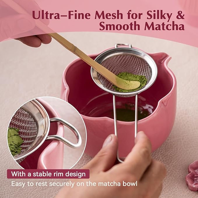 Matcha Set, 8Pcs Floral Ceramic Matcha Kit with Matcha Whisk, Holder, Scoop, Scoop Rest, Sifter, Spoon and Tea Towel - Thoughtful Matcha Whisk Set Gift for Matcha Lovers (Pink)
