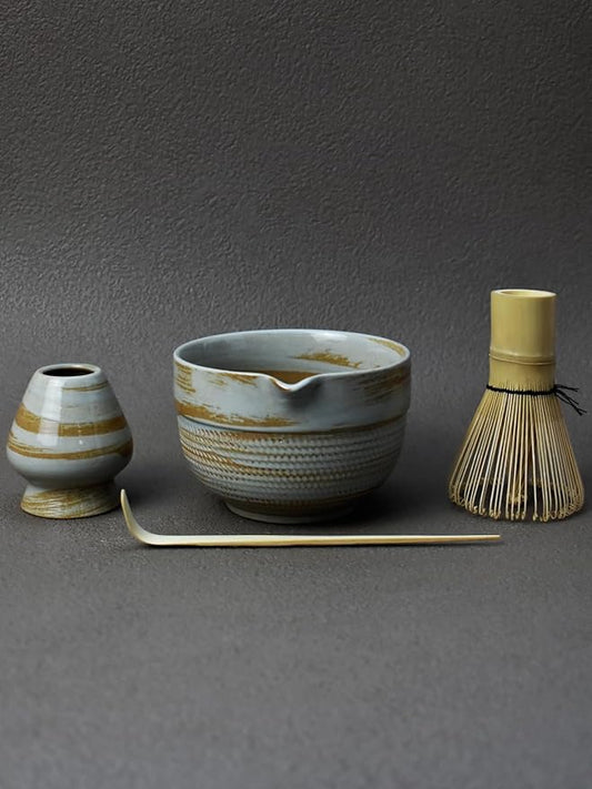 Matcha Tea Set – 4 Piece Traditional Japanese Matcha Kit with Pouring Spout Bowl, Whisk, Holder, Scoop & Guide – Ceramic Matcha Bowl for Authentic Tea Ceremony & Daily Ritual