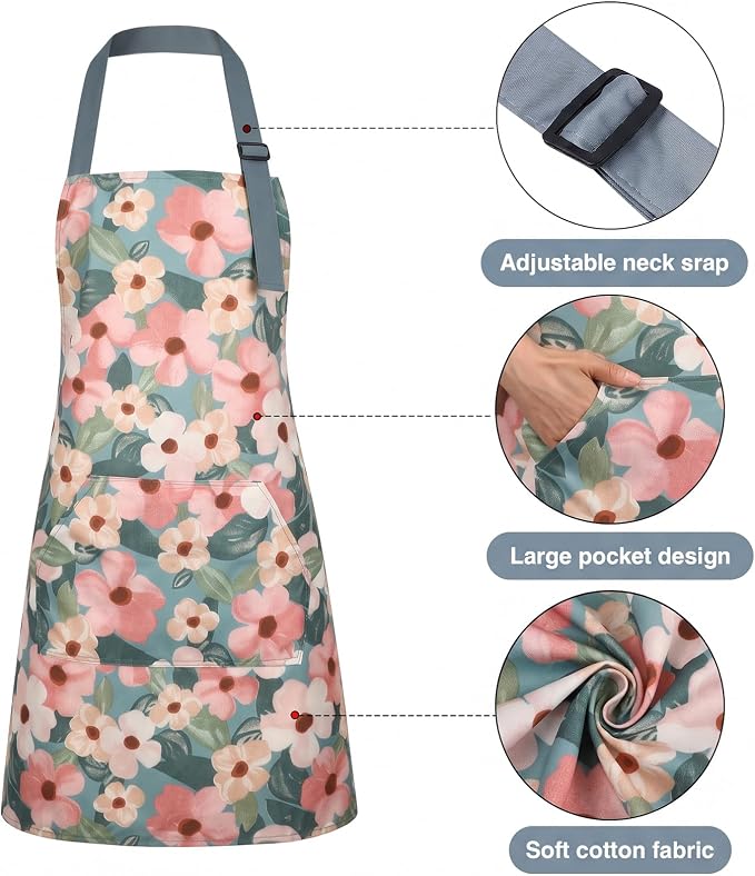 BOUMUSOE 3 Pack Floral Aprons with Pocket, Blooming Womens Aprons | Waterproof Adjustable Cooking Aprons for Kitchen Gardening and Salon - Image 2