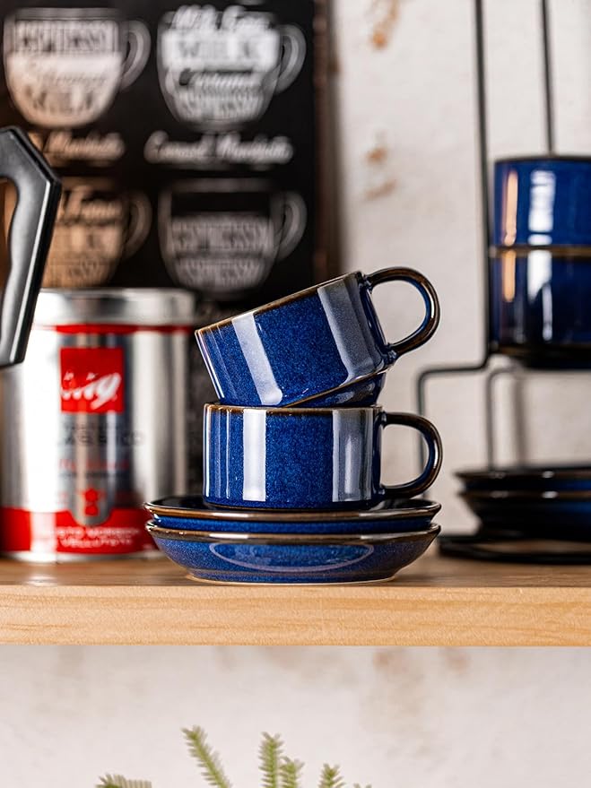 Gomakren 2.5 Ounce Espresso Cups Set of 4, Small Stackable Coffee Cups with Saucers and Metal Stand, Valentine Porcelain Demitasse Cups for Specialty Coffee Drinks, Espresso, Cappuccino, Cobalt Blue