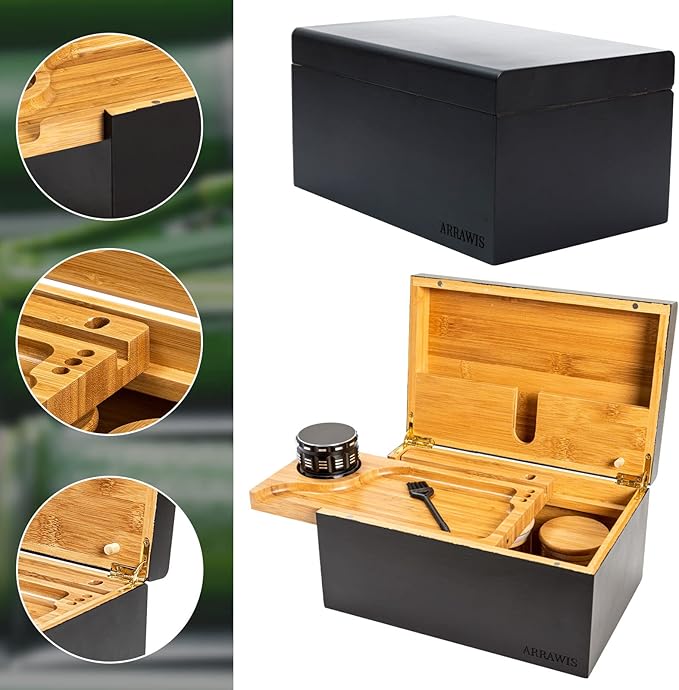 Large Bamboo Stash Box with Strong Magnetic Lid - Smell Proof Decorative Storage Box for Herbs, Spices & Keepsakes - Includes Removable Wood Tray and Glass Storage Jars - Natural & Discreet