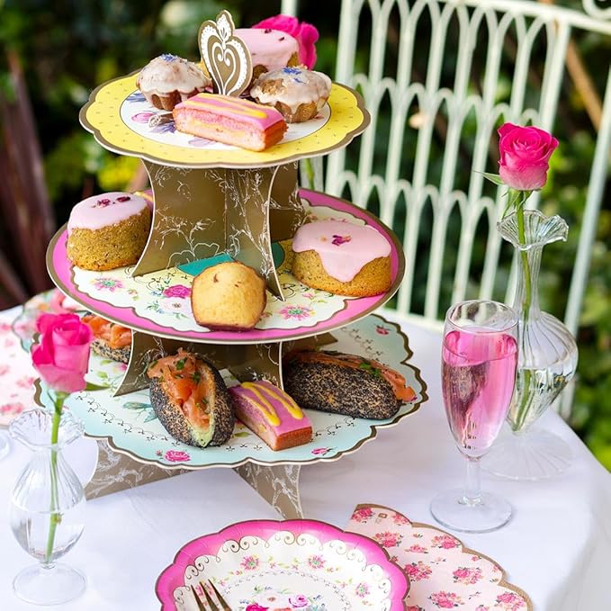 Talking Tables Height 36cm Floral Cake Stand Party Decorations | Truly Scrumptious |Card, 3-Tier Blue & Yellow, Anniversary, 14", Pink, Blue, Yellow For Birthday, Afternoon Teas, Baby Shower, Wedding