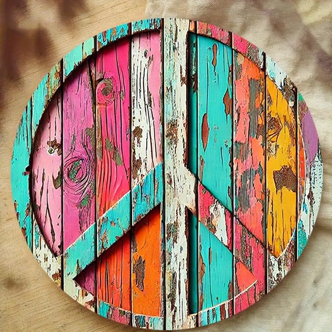 Colorful Peace Symbol Round Aluminum Sign - Vibrant High-Definition Print, Weathered Wood Design, Easy to Hang,Decorative Wall Art | Durable Print, Outdoor Decor, Perfect for Room Decor - Image 4