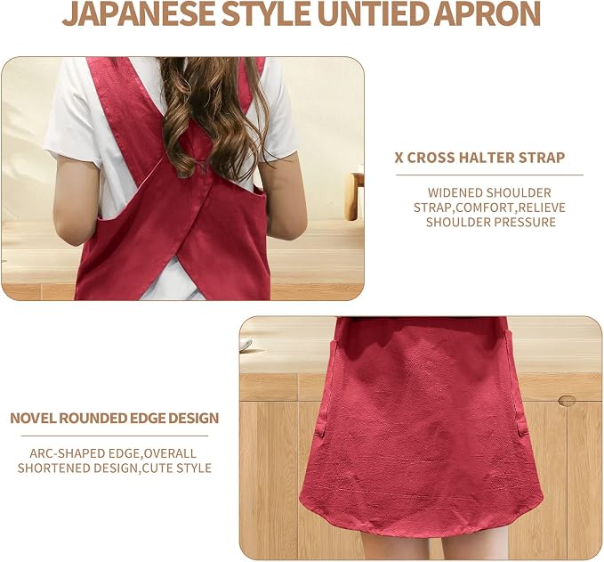 Shortened Design Apron, Japanese Style Soft Cotton Linen Apron with Two Side Pockets, X Cross Halter Aprons, Kitchen Cooking Clothes Gi/ft for Women DIY Project, Crafting, Cooking, Baking(Wine Red) - Image 5