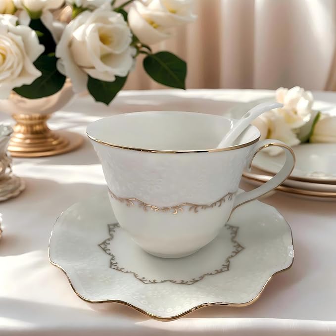 Tea Cup and Saucer Set for 1, Coffee Cup with Saucer and Spoon, Espresso Latte Cup for Women Gift, Dishwasher Safe, 6.8 Oz