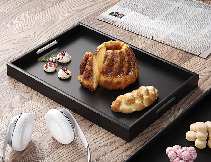 Bamboo Set of 2 Serving Tray with Handles,Decorative Trays Platter,Breakfast Tray in Bed,Food Drinks Tray for Eating,Working,Storing(Black)
