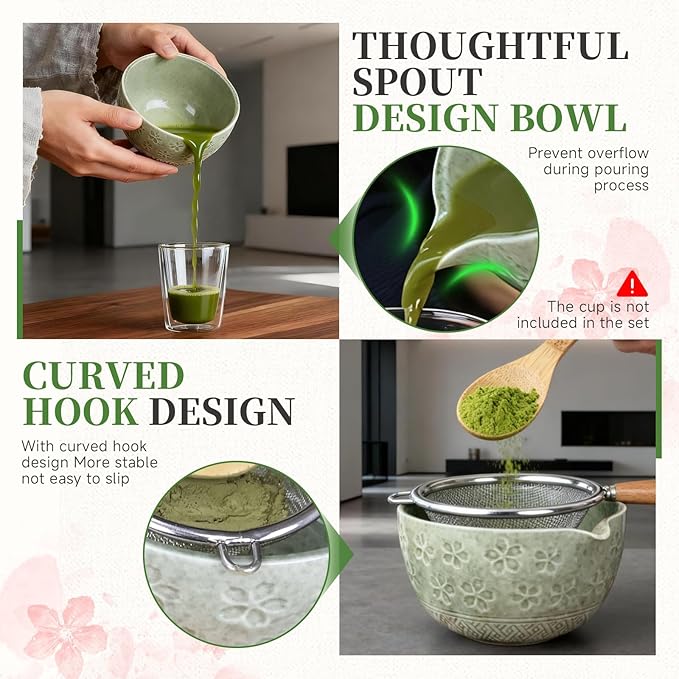 Matcha Whisk Set, Japanese Tea Ceremony Utensils (8 PCS) with Matcha Bowl with Spout (19 oz), Bamboo Whisk, Scoop, Holder, Sifter, Tea Towel – Authentic Matcha Set & Gift Box (Green)