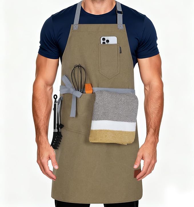 Chef Apron w/Pockets, Adjustable Strap for Cooking & Gardening | Equipped with 3 Large Multi-use Pockets, Wear-Resistant Fabric, Easy Clean, Ideal for BBQ Baking Craft for Men Women by Unknown