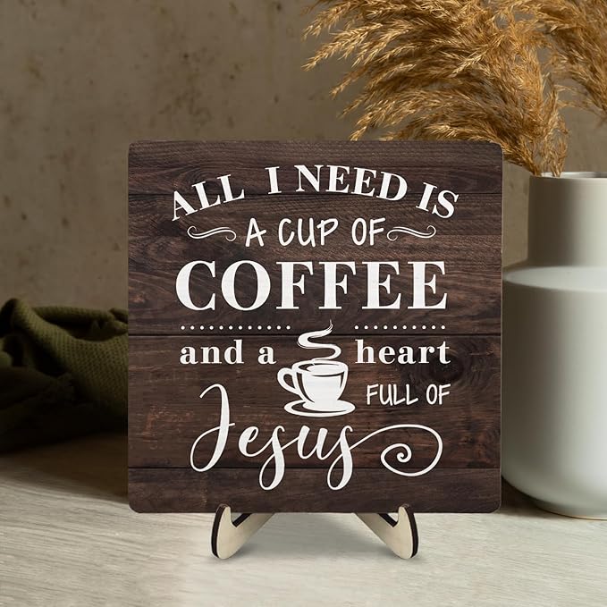 Coffee Bar Sign Plaque Decor-A Heart Full of Jesus,Cafe Bar Accessories,Christian Rustic Wooden Tabletop Plaque with Stand, Faith Scripture Mini Counter Sign for Kitchen Coffee Station Office 5.9x5.9