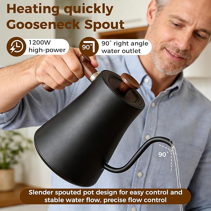 Gooseneck Electric Tea Kettle with Pour Over Pot with LED & Precise 1°F Temp Control,Keep Warm, Hot Water Kettle for Home/Office 304 Stainless Steel (Black)