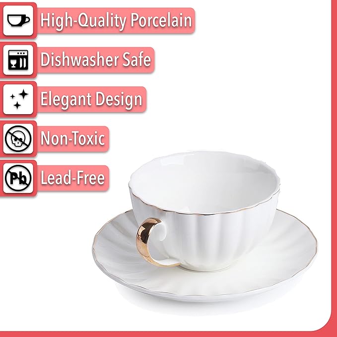 BTaT- Cappuccino Cups with Saucers 7 oz, Set of 6, White Porcelain Coffee Cup and Saucer Set for Latte with Golden Trim Design, Dishwasher Safe, Mocha, Tea, Au Lait, Flat White